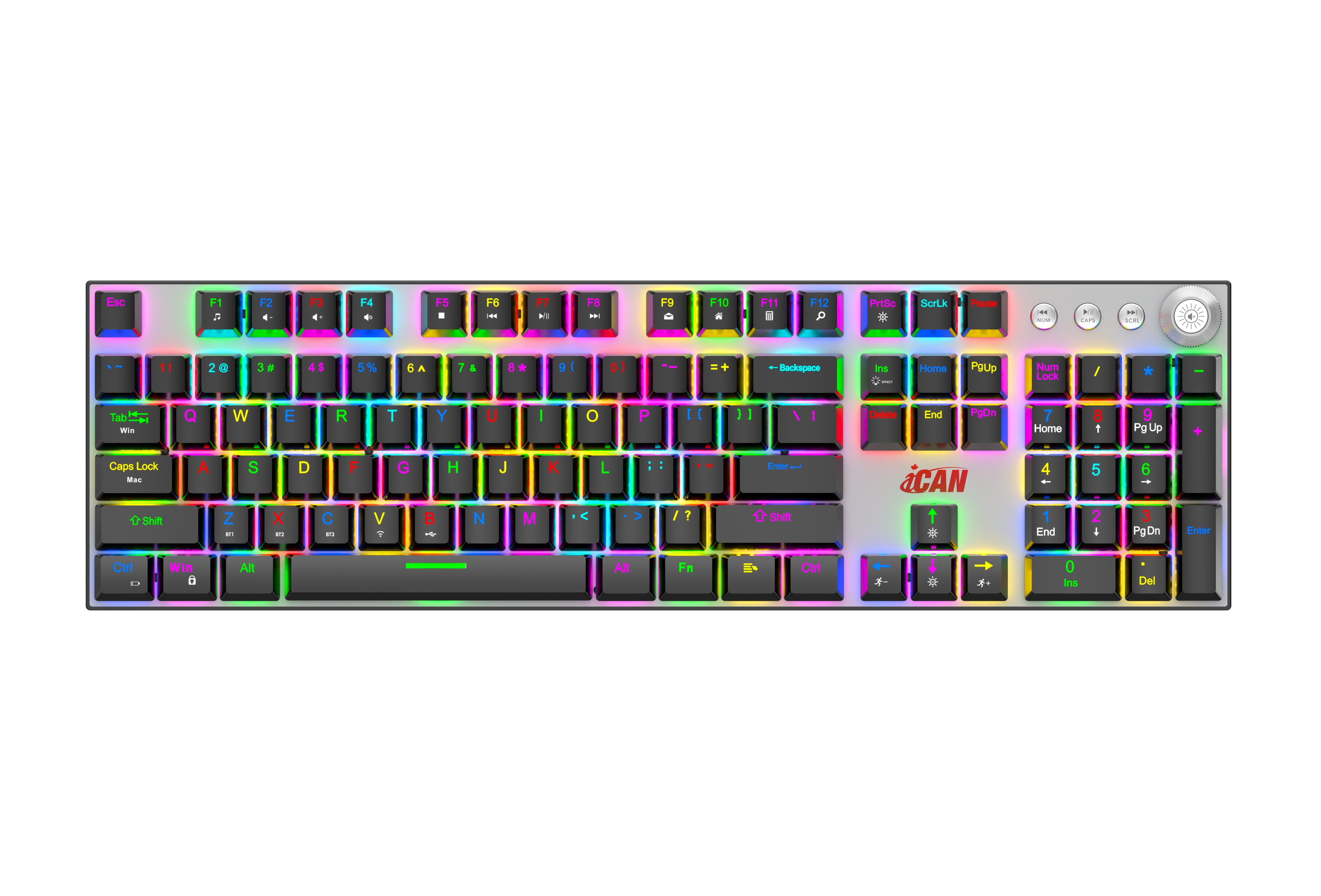 Clavier de jeu iCAN 108 touches tri-mode RVB avec contrôle multimédia