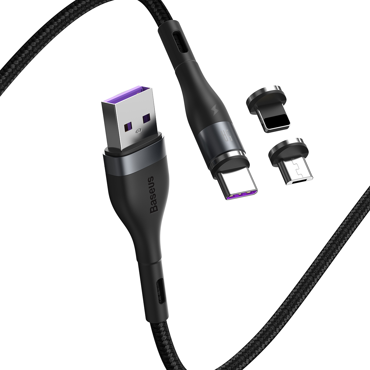 Baseus Zinc - Câble de données de charge rapide magnétique USB vers Micro USB + Lightning + USB C, 5A 1m Gris + Noir