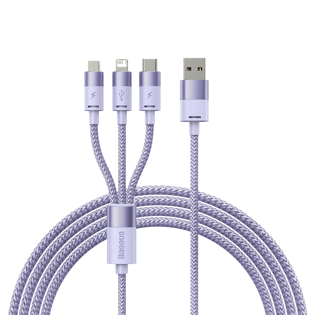 Câble de données et de charge rapide Baseus StarSpeed 1-pour-3 USB-A vers M+L+C 3.5A, 1,2 mètre (4pi), violet