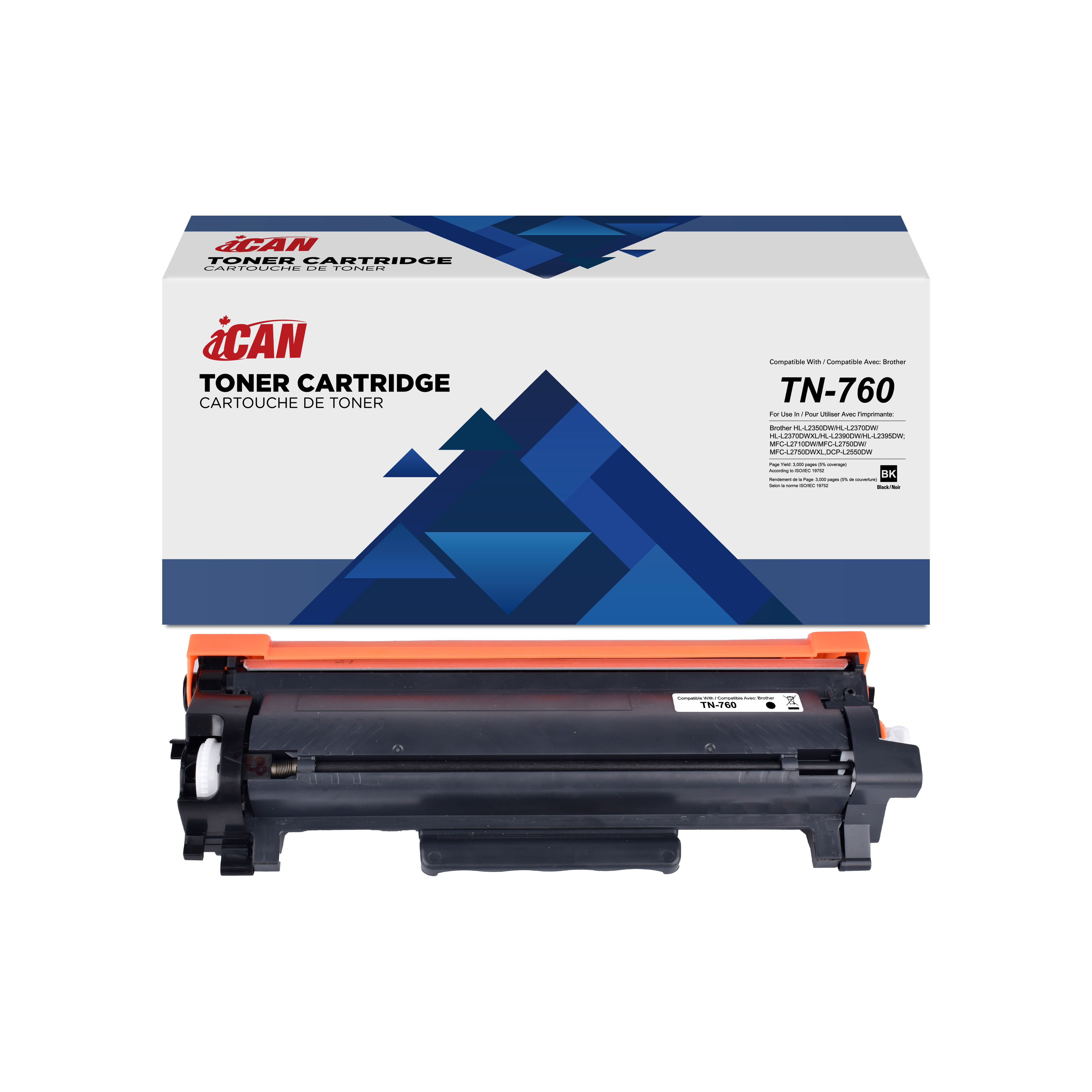 Cartouche de toner noire Brother TN760 compatible iCAN avec puce