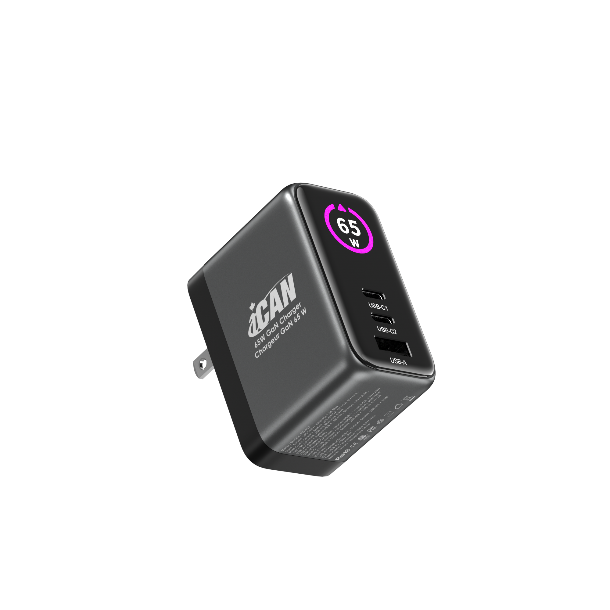 iCAN PD-133 65W 3-Port TFT GaN PD Wall Charger with 3.3ft 100W USB-C C