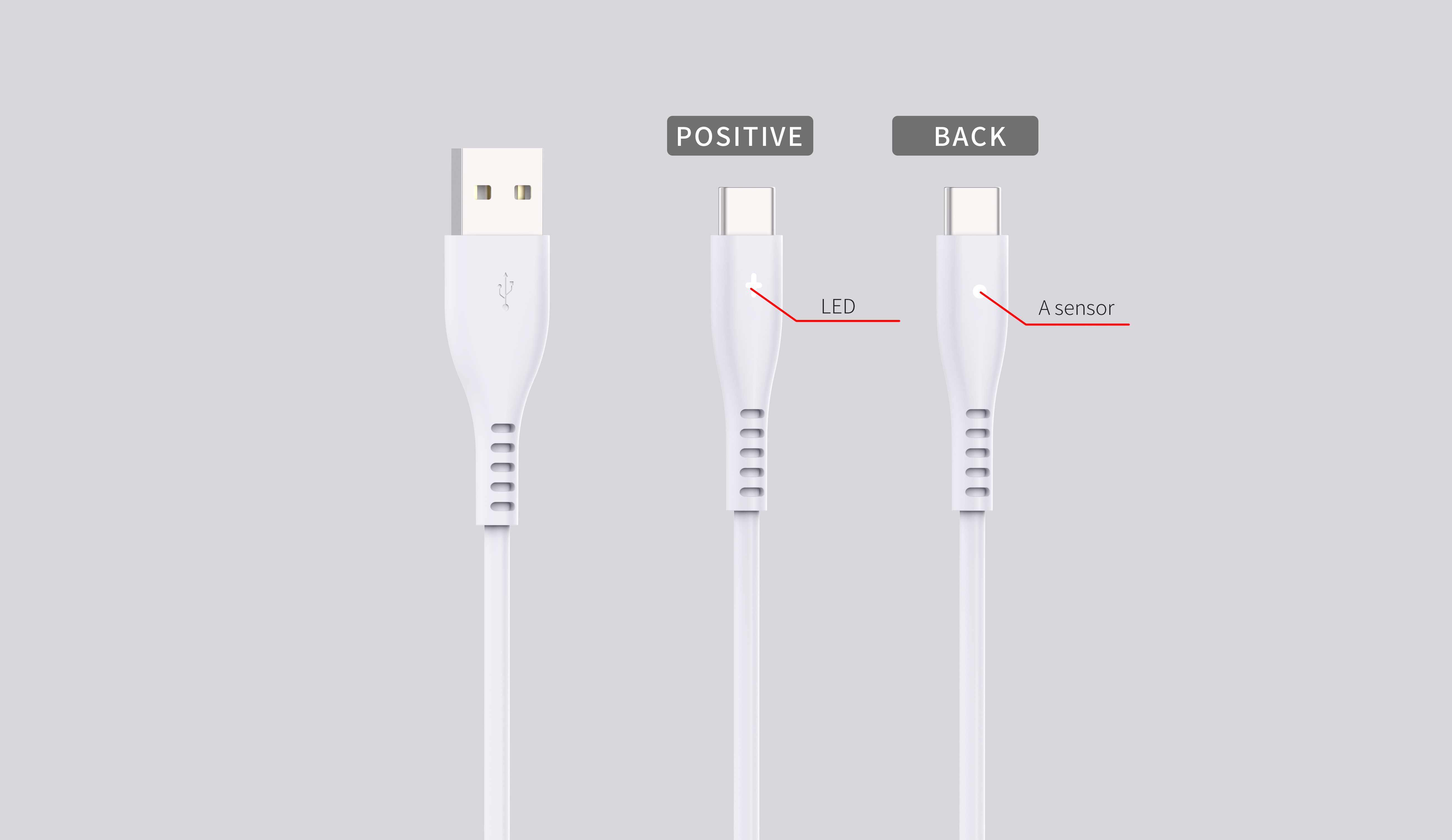 Câble USB iCAN de type C de 4 pieds, avec capteur et lumière DEL, blanc