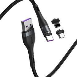 Baseus Zinc - Câble de données de charge rapide magnétique USB vers Micro USB + Lightning + USB C, 5A 1m Gris + Noir