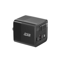 iCAN 65W 2-Port Portable GaN PD Charger with Type-C Retractable Cable