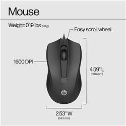 Souris filaire HP 100 - Capteur optique précis 1600 DPI - Connexion USB facile - Design ambidextre - Commande à 3 boutons et...