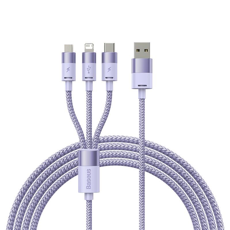 Câble de données et de charge rapide Baseus StarSpeed 1-pour-3 USB-A vers M+L+C 3.5A, 1,2 mètre (4pi), violet