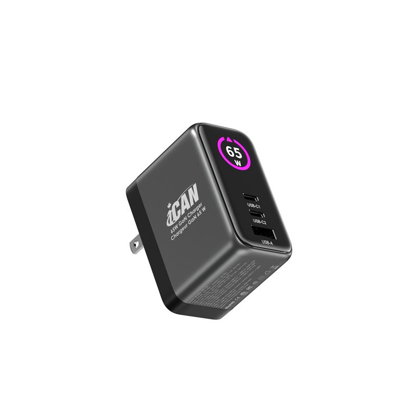 iCAN PD-133 65W 3-Port TFT GaN PD Wall Charger with 3.3ft 100W USB-C C