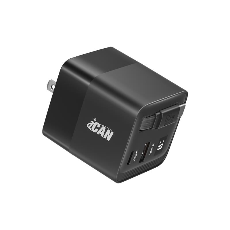iCAN 65W 2-Port Portable GaN PD Charger with Type-C Retractable Cable