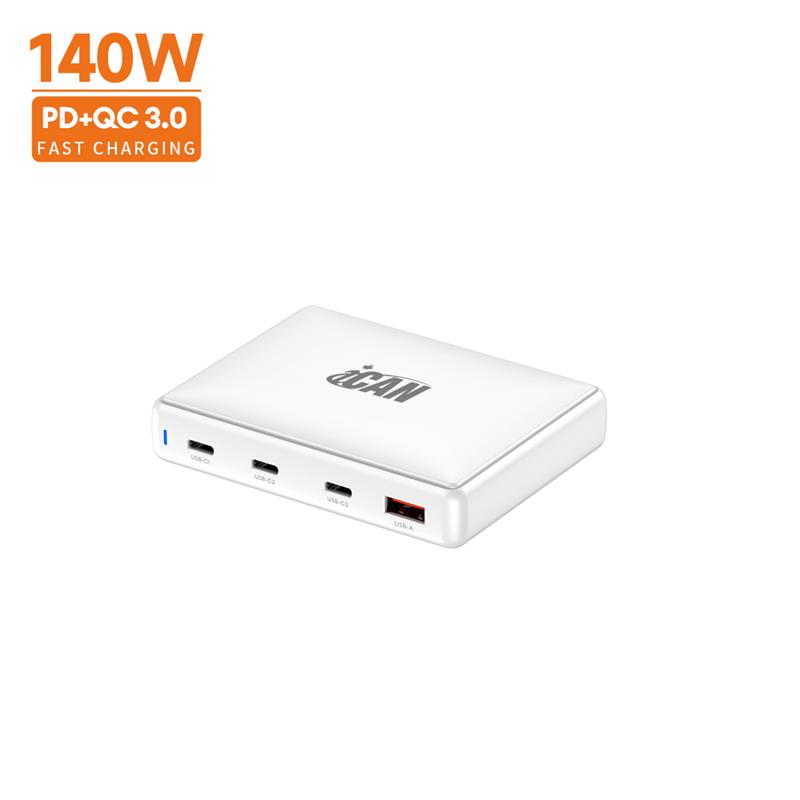 iCAN 140W 4-Port GaN Slim Wall Charger with 3 USB-C and 1 USB-A